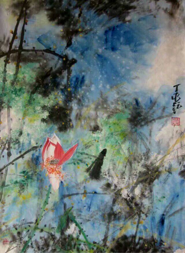 甘肃著名画家姜效祖彩墨荷花之《莲的心事》