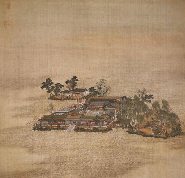 北海团城松树"白袍将军" 春湖落日水拖蓝,天影楼台上下涵 十里青山行