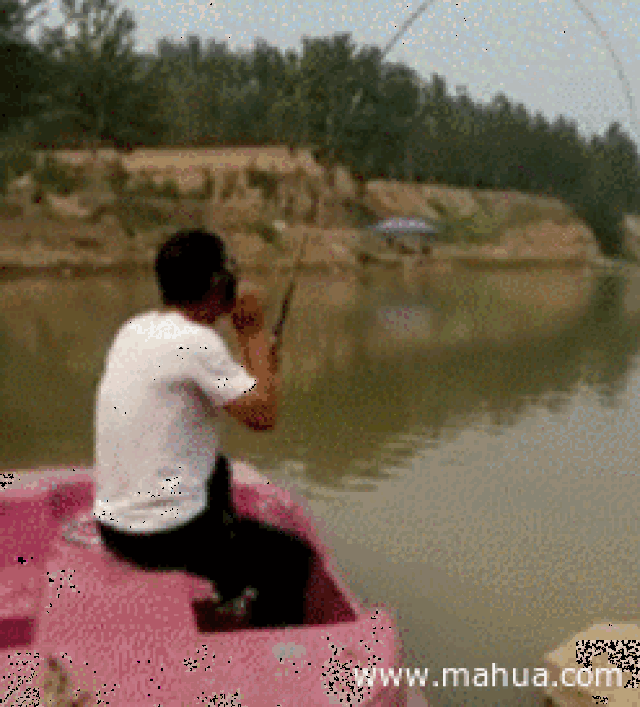钓鱼时转身方便一下,鱼竿被鱼拉在水里到处跑!