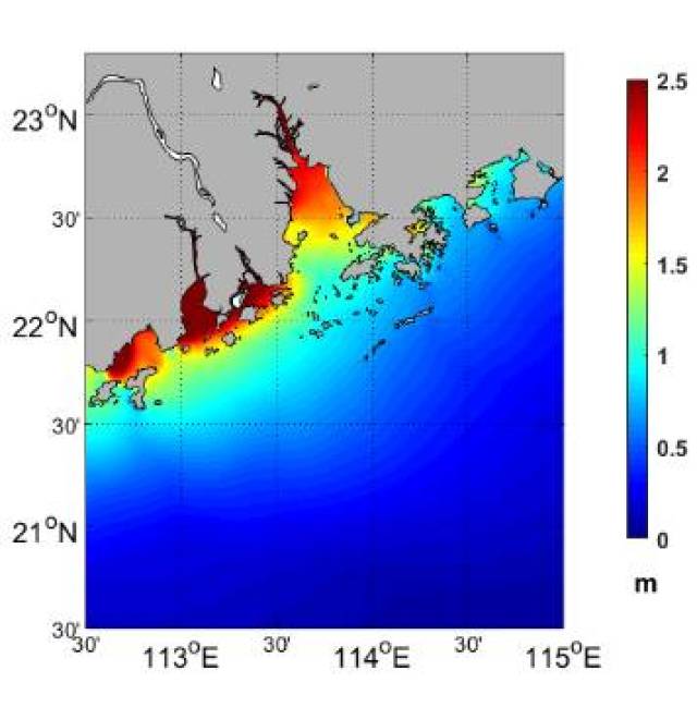 0814号台风"黑格比"过程中珠江口最大潮位分布图
