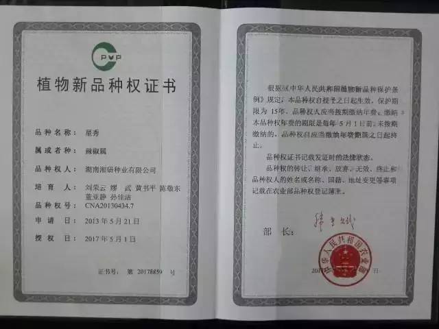 "星秀" 植物新品种权证书