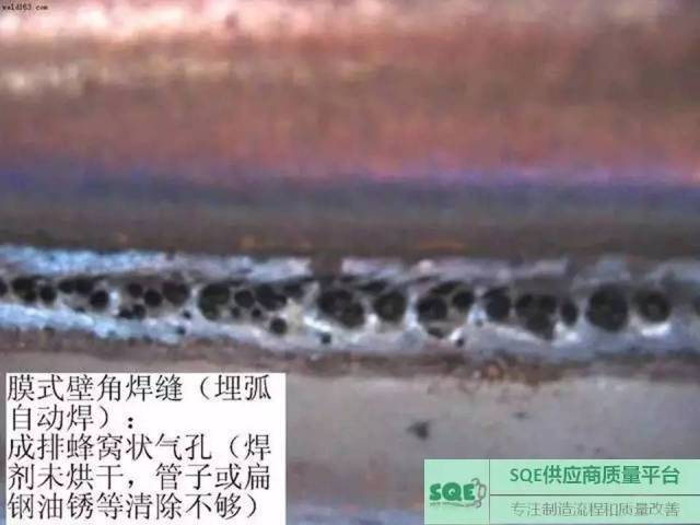埋弧焊:出现成排蜂窝状气孔,成因大致为焊剂未烘干,工件油锈等清理不