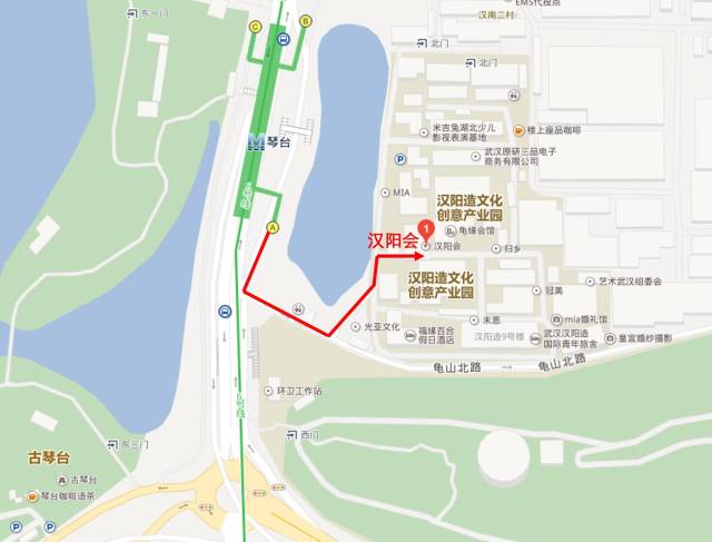 乘坐地铁6号线到琴台站-a出口,沿图中红线所示路线即可.