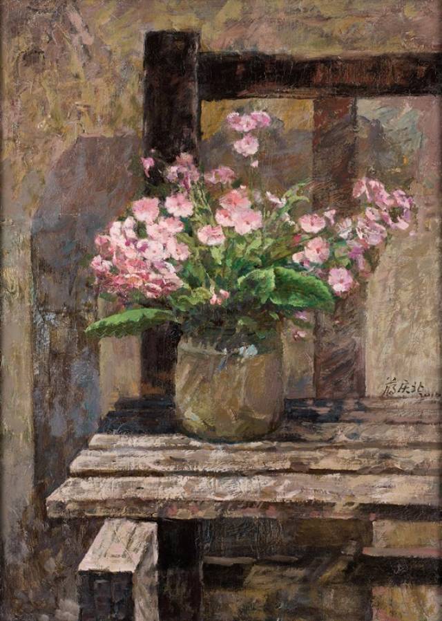 蒋庆北/《旧凳子上的花瓶》/46x80cm/油画