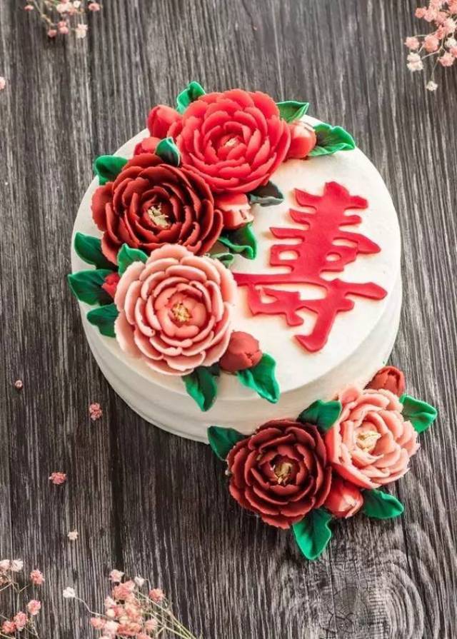 生日裱花蛋糕 绚丽大方的牡丹花 全部使用豆沙馅料裱花 绝对可以放心
