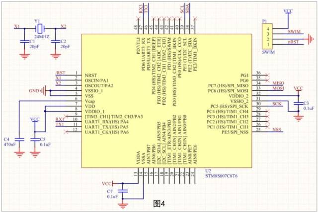 备注:图4中主控芯片由u2 8bit单片机stm8s007c8t6完成,p1接口是swim