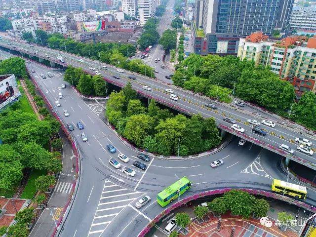 江灣立交橋,除了見縫插綠的植被,還有亮眼的花色隨著道路延伸.