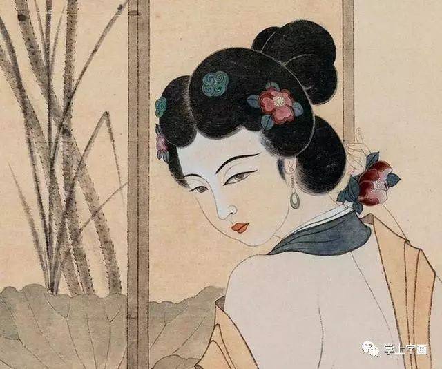 国画精赏」张大千《荷屏仕女图》