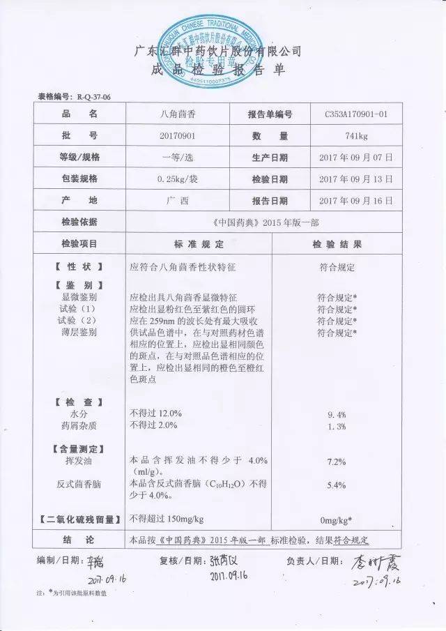 (图   八角茴香成品检测报告)