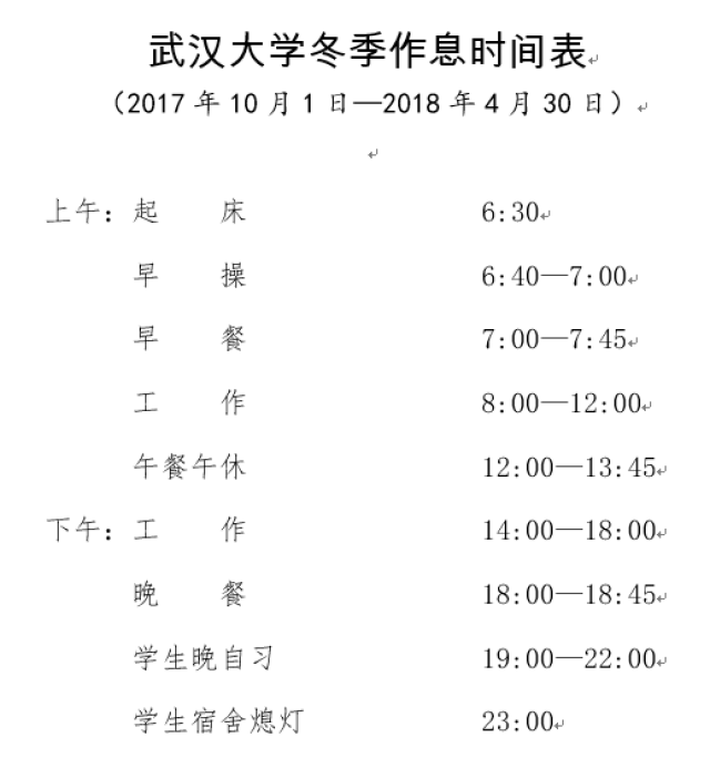 现将《武汉大学冬季作息时间表》印发给你们,请遵照执行