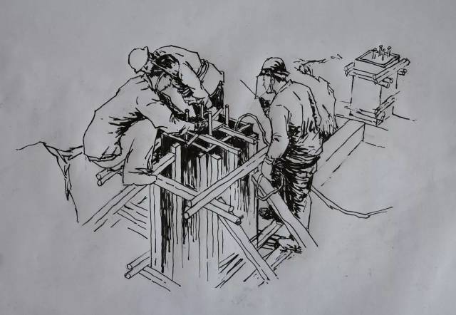 图一:精矿库c轴线承台底梁钢筋绑扎模板支护