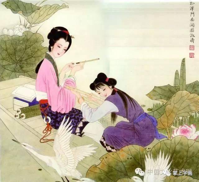 中国古美術・仕女図三尺画芯・純手描き・工筆・彩色画・仇英印款・書道・宣紙・带水印 华三川仕女图，鲜艳动人！