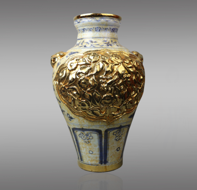元代 白滸孤窯底款 青花描金浮彫 花瓶 極上質 高36cm