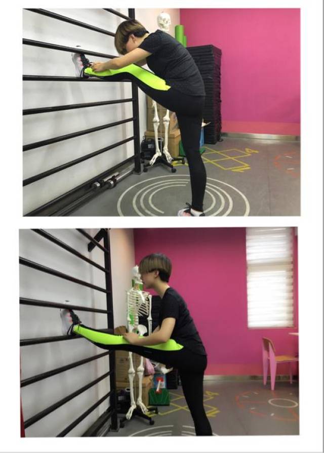 动作一:大腿后侧拉伸(压腿)