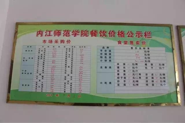 而右手边则是餐饮价格公示栏 公示栏中有市场采购价和食堂售卖价 看到