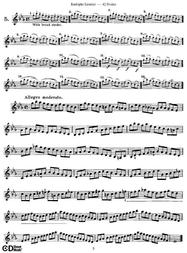 第五课allegro moderato快板,中板. 这是一首三连音的分弓练习.