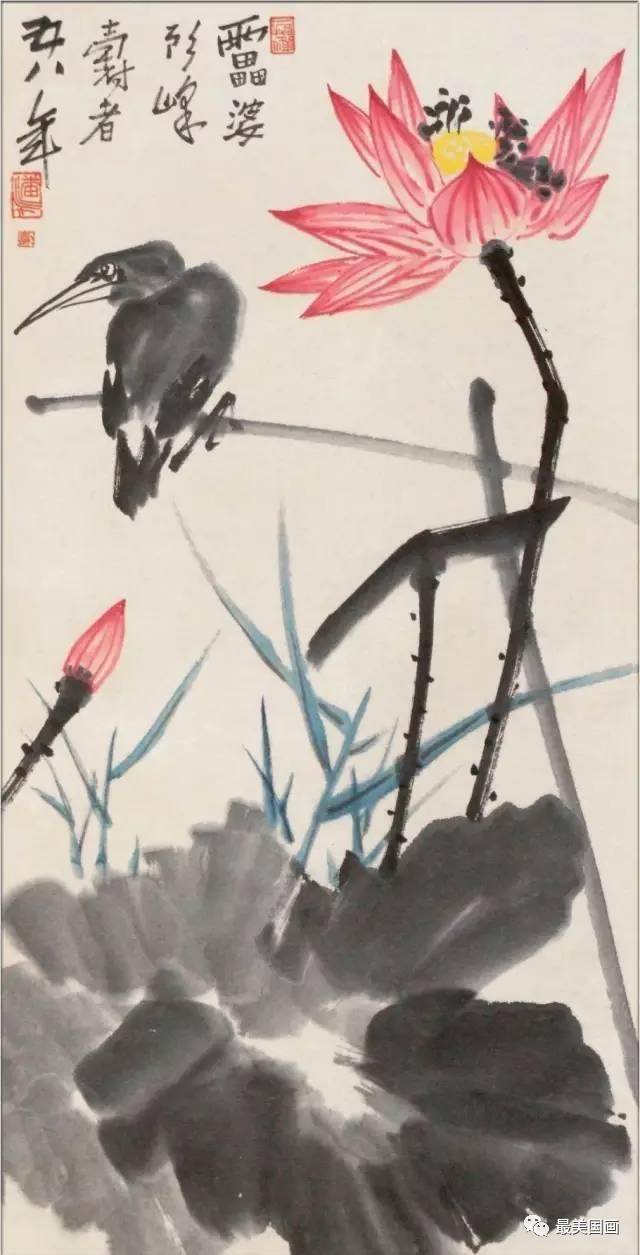 中国古美術 近代 潘天寿作款 花鳥図 水墨画 手描き 冊頁7開14