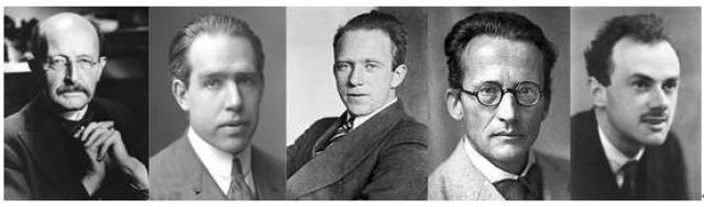从左至右:普朗克,玻尔,海森堡,薛定谔,狄拉克