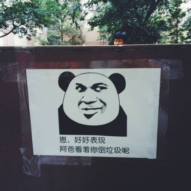 上图摄于德馨楼下垃圾池前 没错,这些表情包正是野妹儿贴的 .