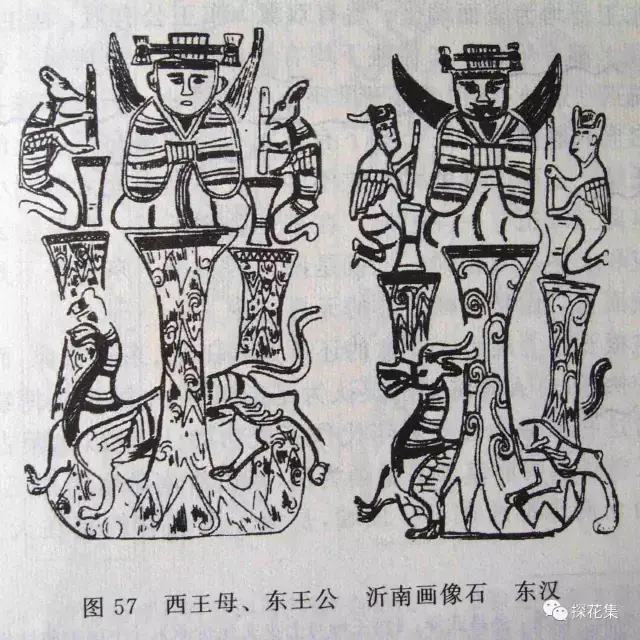 这幅画像石是线描图,西王母和东王公都清晰地头戴着胜