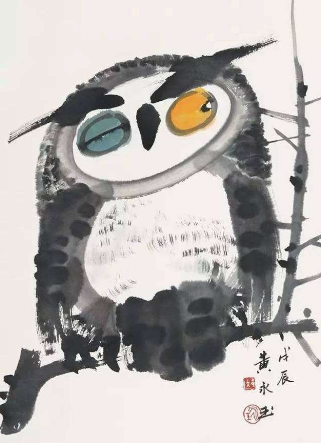 黄永玉1977年作猫头鹰图立轴设色纸本收藏资讯|艺术家|书画家