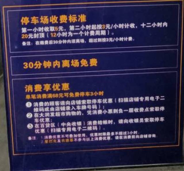 优惠措施:在广场内单笔消费满68元可免费停车3小时,消费顾客向店铺