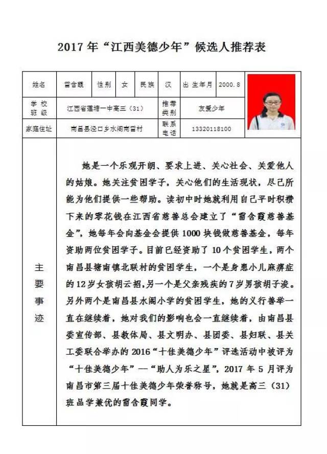 年,2017年:连续四年在江西省慈善总会每年捐赠个人零花钱(人民币壹仟