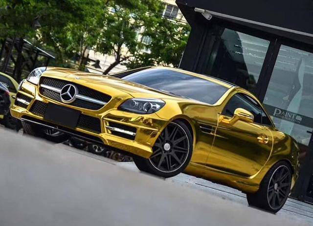 奔驰汽车改色镜面电镀金贴膜效果展示 土豪金亮瞎眼
