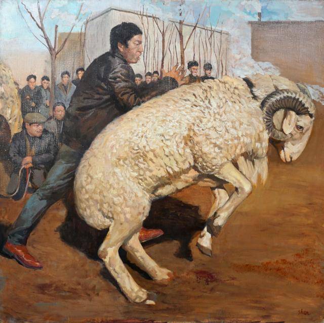 《左斗羊》布面油画100cm100cm