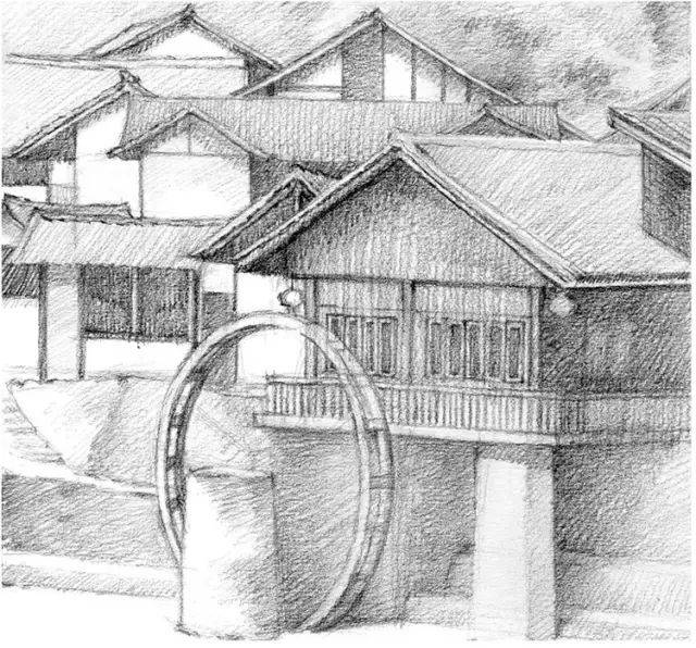 零基础也能学会:教你画素描风景竹楼水车!