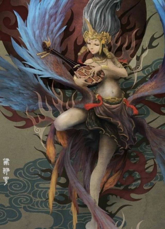 紧那罗 一开始,歌神紧那罗被画成马首人身,表情狰狞,他的伴侣乾闼婆倒