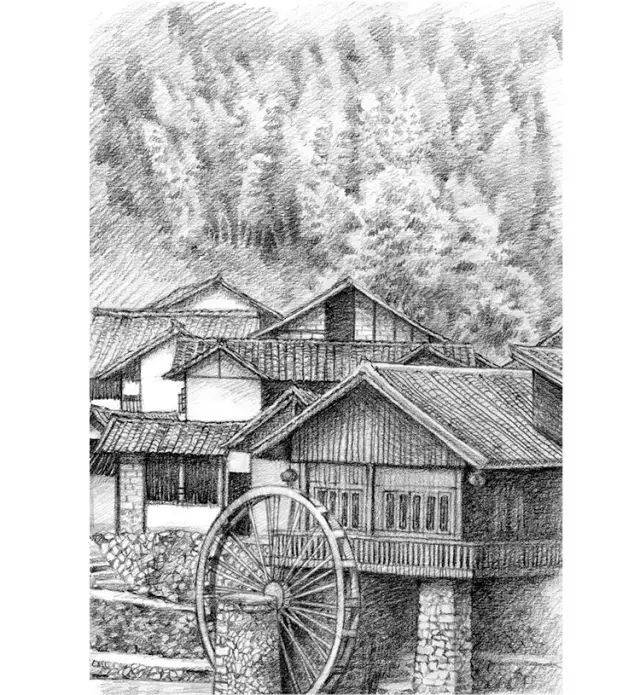 零基础也能学会:教你画素描风景竹楼水车!
