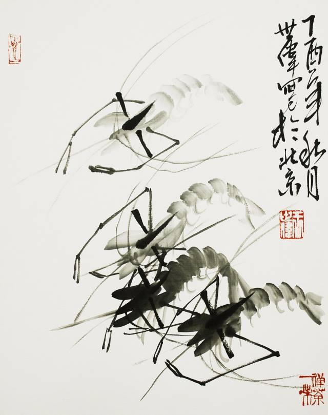 寓意:仿白石老人笔意,向大师致敬.齐白石画虾堪称画坛一绝.