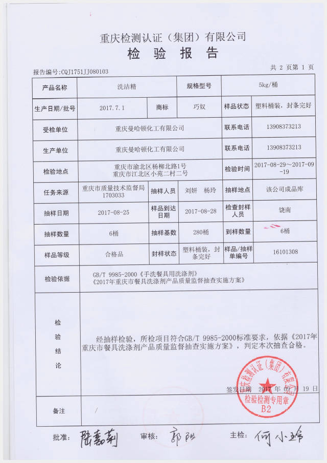 关于重庆曼哈顿化工有限公司生产的"巧奴"牌洗洁精为合格产品的报告