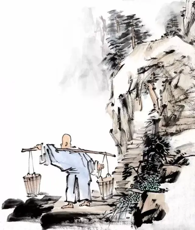 第四种意境:一个小和尚在山脚下的小溪边打水.