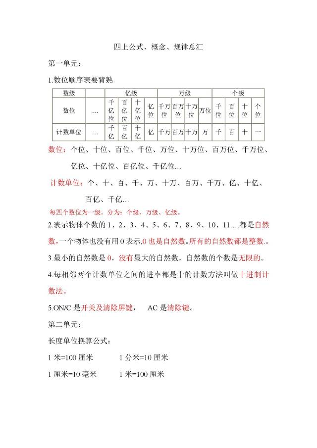 小學四年級數學上冊公式,概念,規律總彙