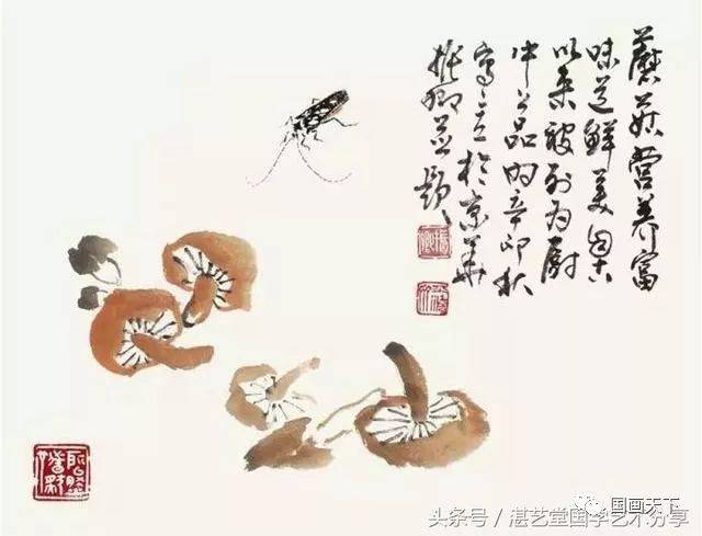 步骤五 题款,钤印,成图 蘑菇为菌类蔬菜中之上品,此幅小品为水墨点厾