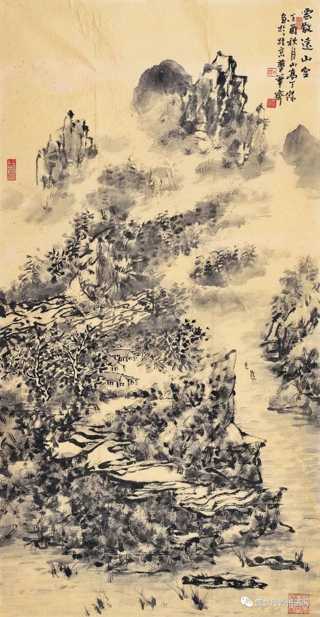 丁杰作品 云散远山空 136cmx69cm 设色纸本