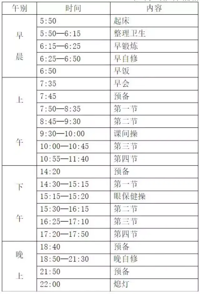 20:30——22:00晚自习三 22:30 熄灯 注:高三下午第八节课上一个小时