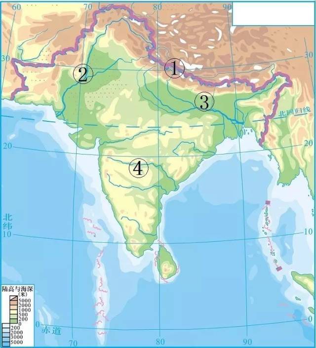 答案①喜马拉雅山脉②印度河平原③恒河平原④德干高原