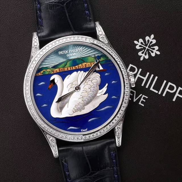 百达翡丽 动物手表5077g 拍卖收藏品! 掐丝珐琅日内瓦湖白天鹅 腕表