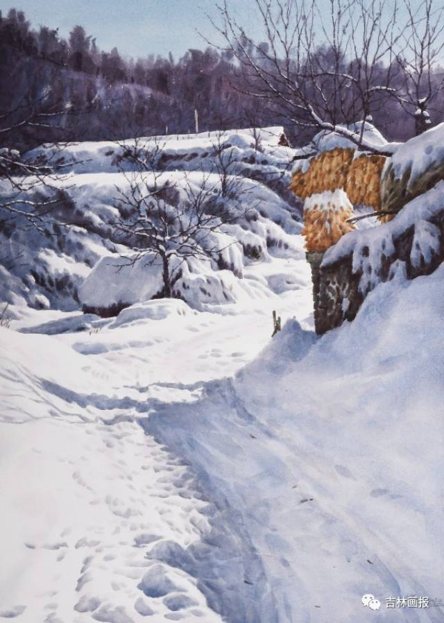 山脚下的村落 肖明老师雪原题材的水彩作品是以乡土现实主义的