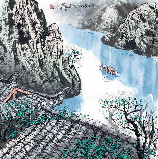 刘燕声现代山水画作品《山峡水韵》68x68cm