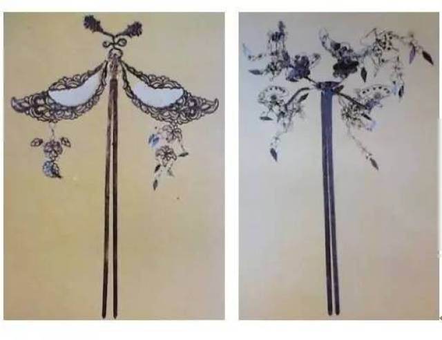 南唐 金镶玉步摇 唐 四蝶银步摇