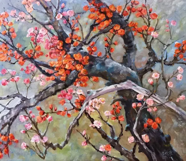 在李晓霞的笔下,点,线,面的组合一花一草的描绘,都被整合为一个与画家