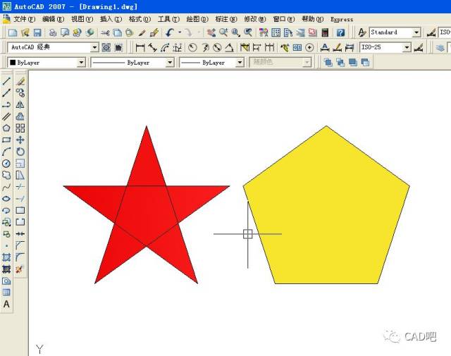 现在让红五角星置于黄五边形之上