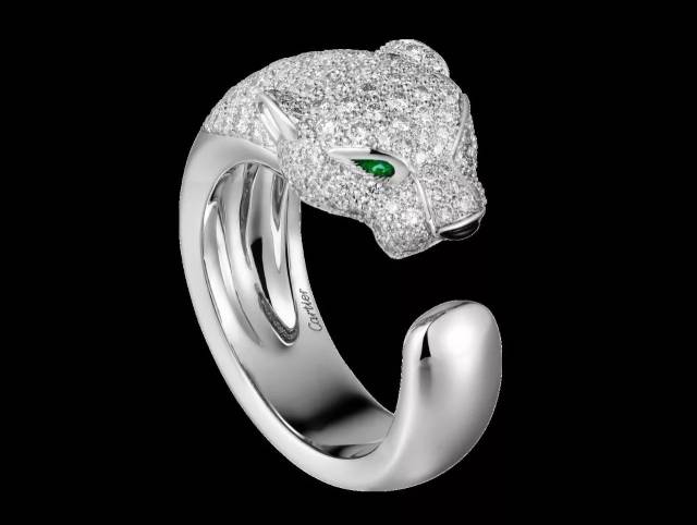 卡地亚猎豹系列戒指,18k白金,钻石,祖母绿,缟玛瑙