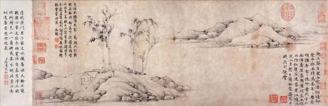 中国古画 水墨画 倪瓒 山水図 水墨画 複製 印章多数 中国書画 ColBase
