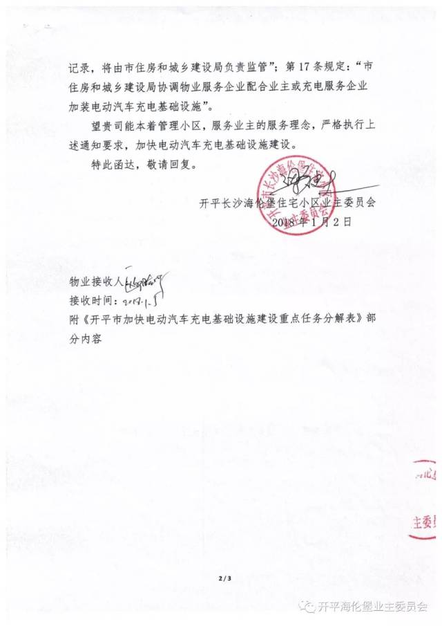 《關於加快電動汽車充電基礎設施建設的函》及物業公司回覆函