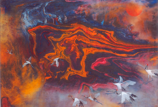 董文政作品《七月的夕阳》 当代帛画